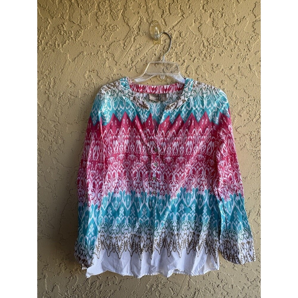 Chico's Sz 2 Medium Cotton Print Pink Blue White Crew V-Neck Woman Artsy Blouse